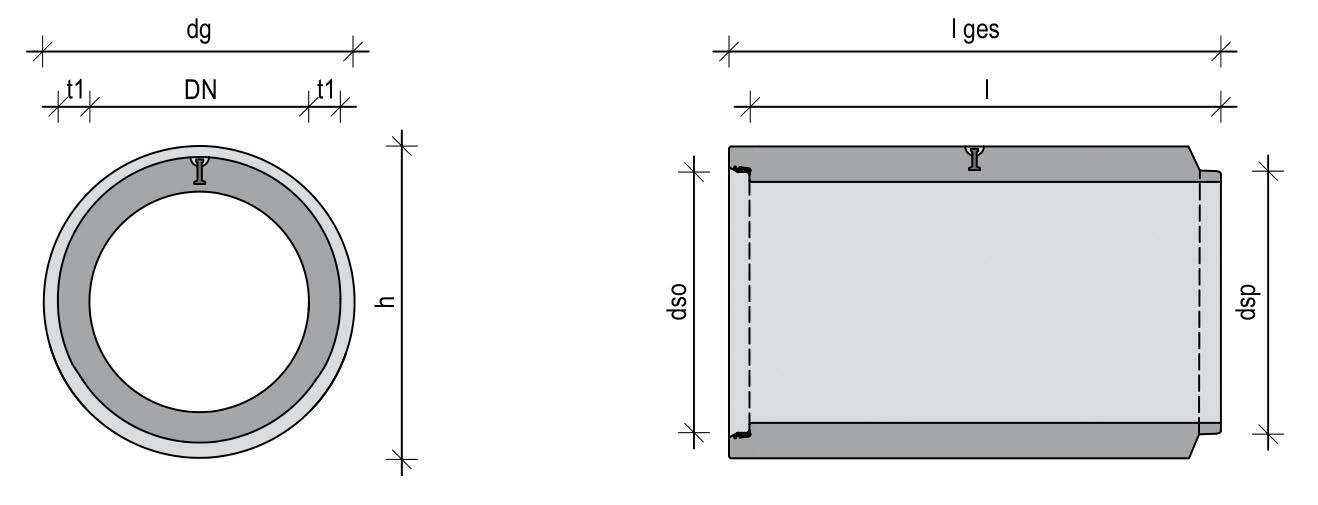 Technische Zeichnung eines Stahlbetonrohrs ohne Fuß Maxpipe mit Stirn- und Seitenansicht inklusive Maßangaben und Abmessungen.